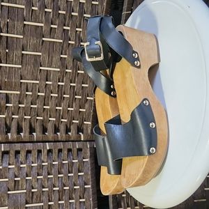 Lulu's Open Toe Leather & Wood Sandal